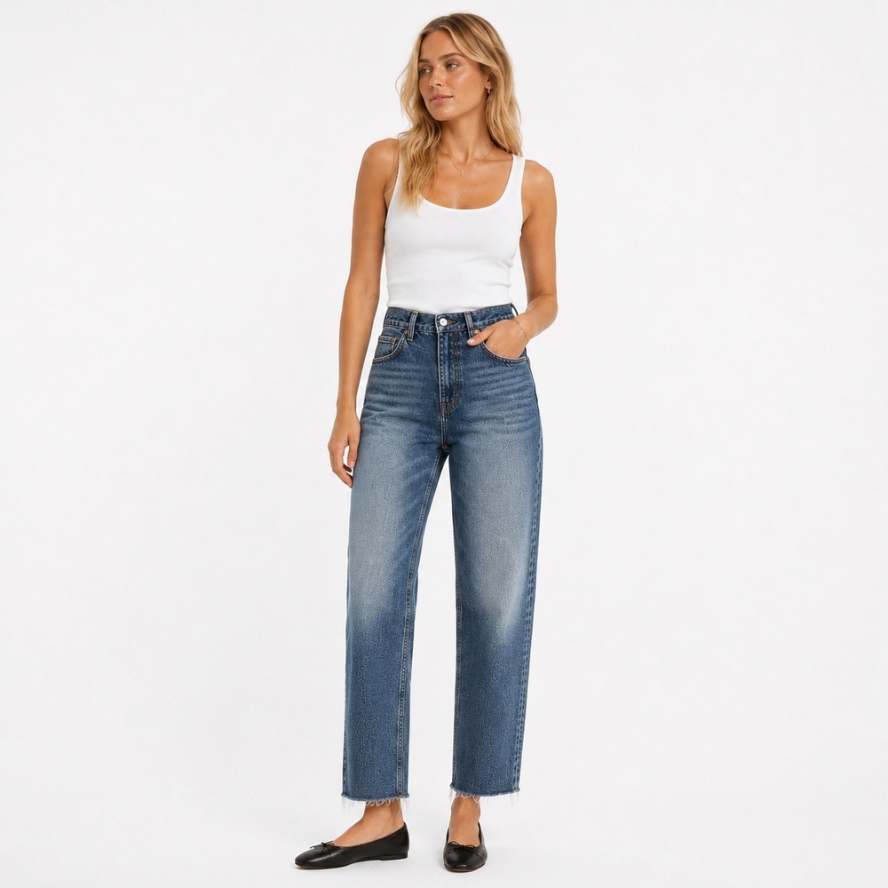 Zara High Rise Straight Leg Jeans Womens Size 6 Blue Raw Hem Distressed Denim